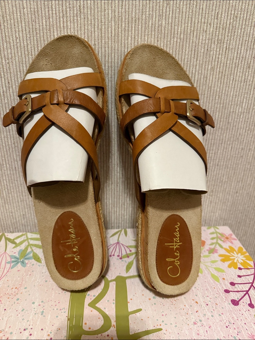 Wmn’s Cole Haan Brown Leather Crisscross Buckle Slide Mules
